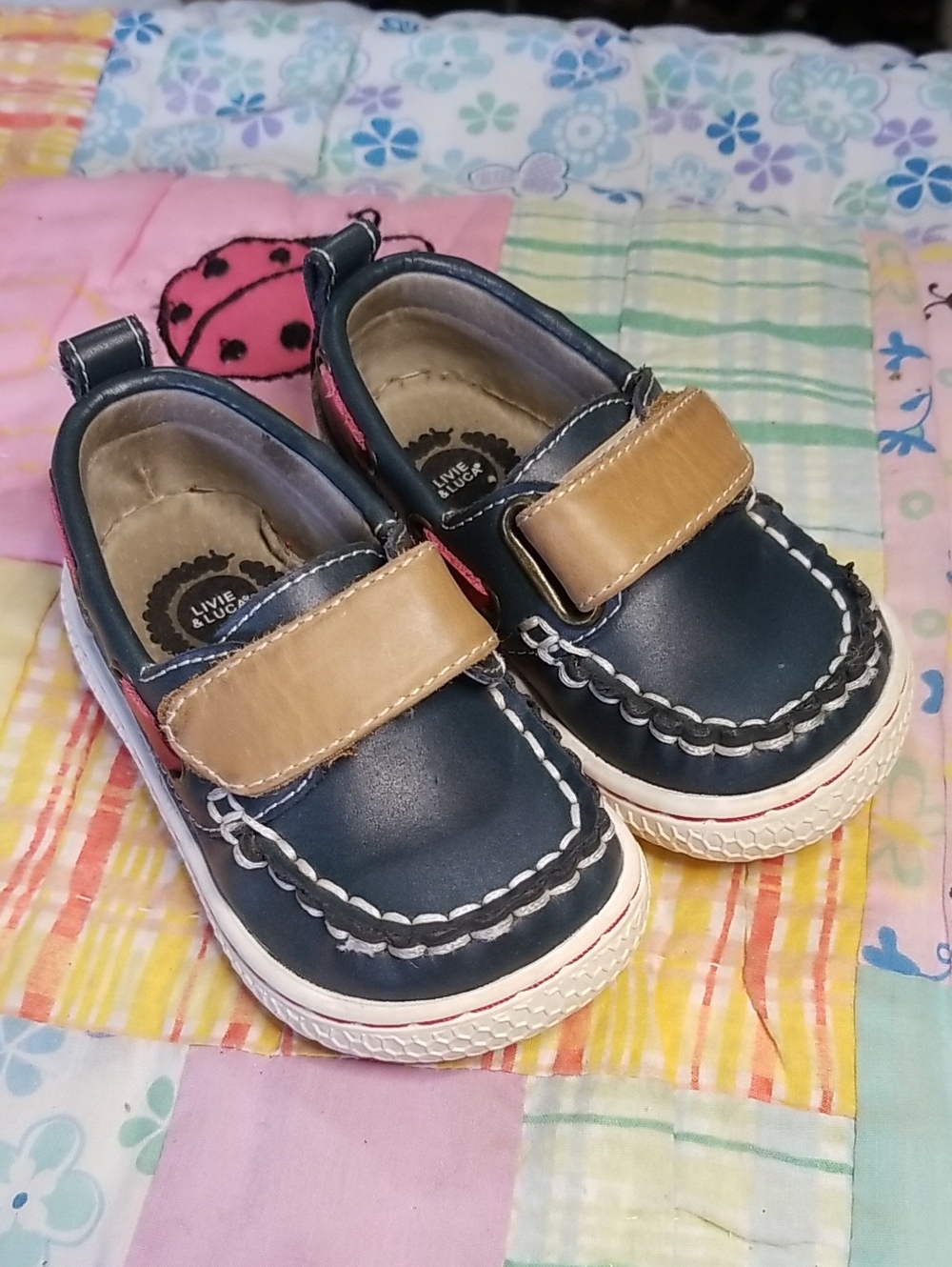 Livie & Luca Navy and Tan Leather Hook-and-Loop Loafers Size 4